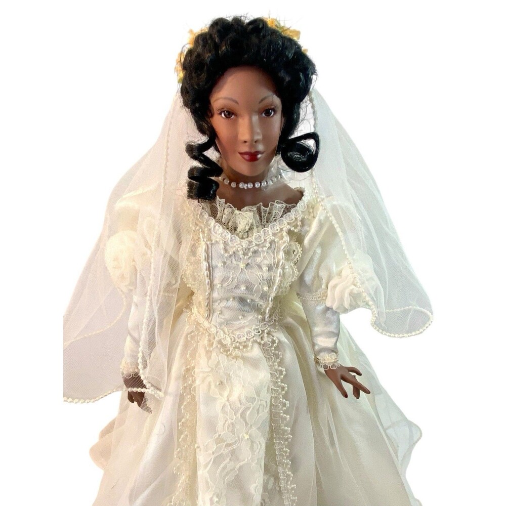 Paradise Galleries  African American Bride Porcelain Doll 18.5" w Stand B389 Sgn